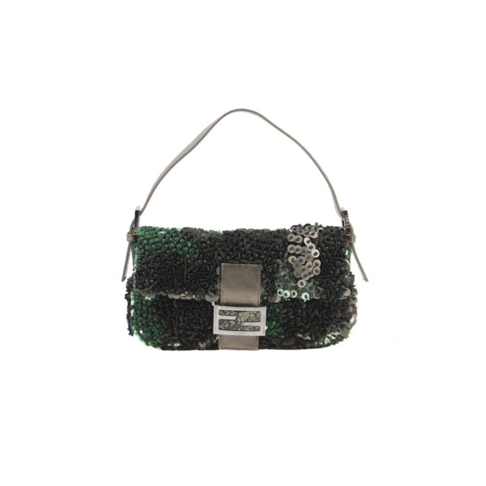 Fendi Womens 3D Beaded Sequined Baguette Top Handle Handbag Green